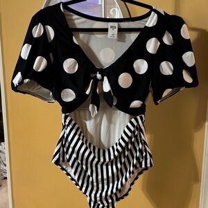Black and White Polka Dot and Stripe One Piece Swimsuit